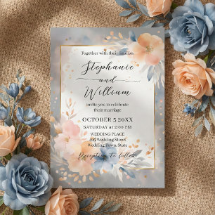 Convites Casamento Floral em Azul Desbotado e Água-tinta Do