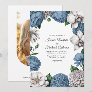 Convites Casamento Floral em Azul Desbotado e Cinza Suave e