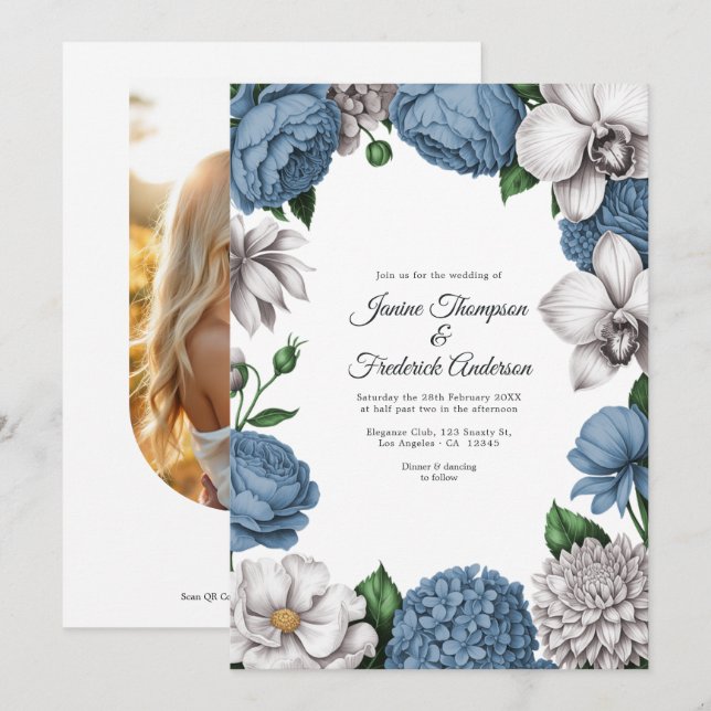 Convites Casamento Floral em Azul Desbotado e Cinza Suave e (Frente/Verso)