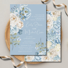 Convites Casamento Floral em Azul Desbotado Romântico com A