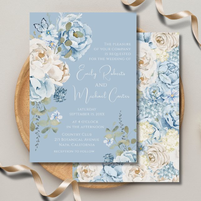 Convites Casamento Floral em Azul Desbotado Romântico com A (Criador carregado)