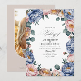 Convites Casamento Floral em Azul Desbotado, Rosa e Taupe Q