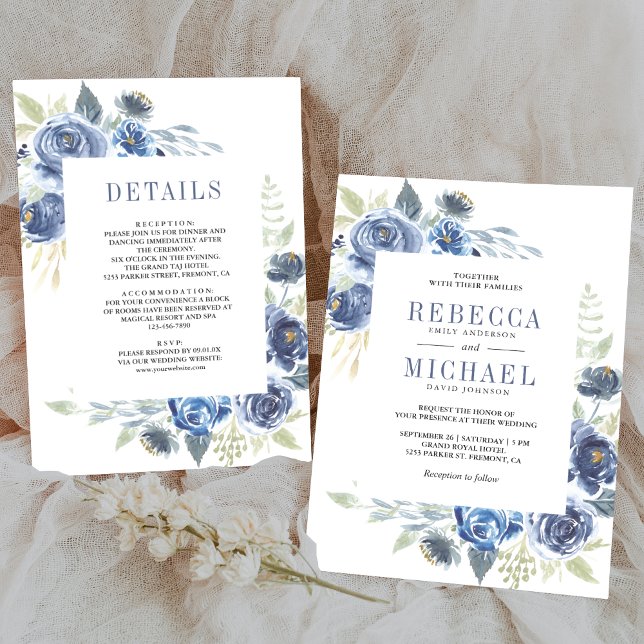 Convites Casamento Floral em Azul Desbotado Rústico Tudo em (Criador carregado)
