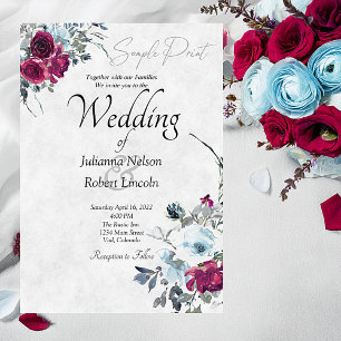 Convites Casamento floral em azul e Borgonha em aquarela