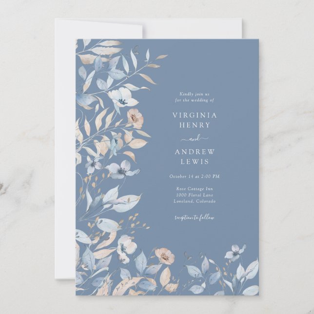 Convites Casamento Floral em Azul Empoeirado (Frente)