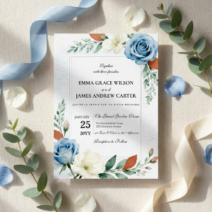 Convites Casamento Floral em Azul Empoeirado e Terracota