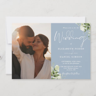 Convites Casamento Floral em Azul Empoeirado Foto Código QR