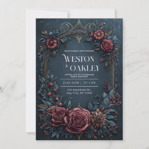 Convites Casamento Floral em Azul Escuro e Borgonha com Dou