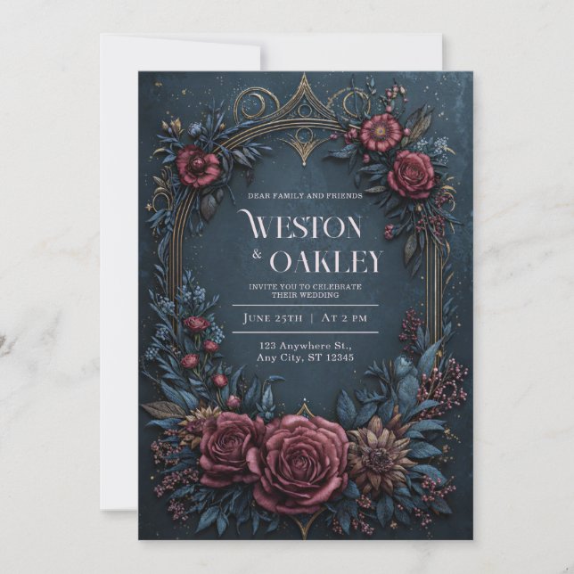 Convites Casamento Floral em Azul Escuro e Borgonha com Dou (Frente)
