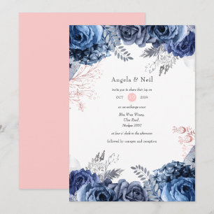 Convites Casamento Floral em Azul Marinho e Rosa com Folha