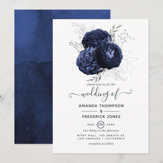 Convites Casamento Floral em Azul Marinho Rústico e Brilho  (Frente/Verso)