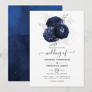 Convites Casamento Floral em Azul Marinho Rústico e Brilho