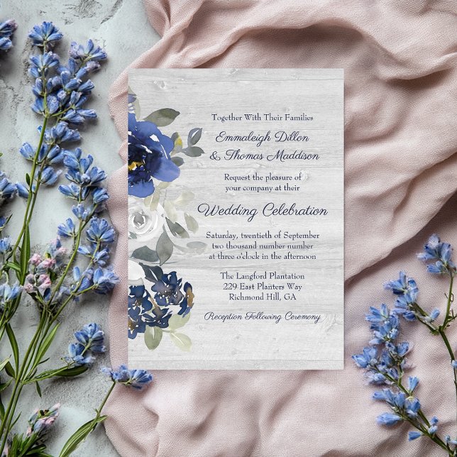 Convites Casamento Floral em Azul Naval Cinza Prata em Aqua (Criador carregado)