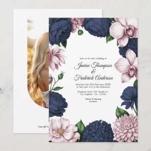 Convites Casamento Floral em Azul Naval e Bege