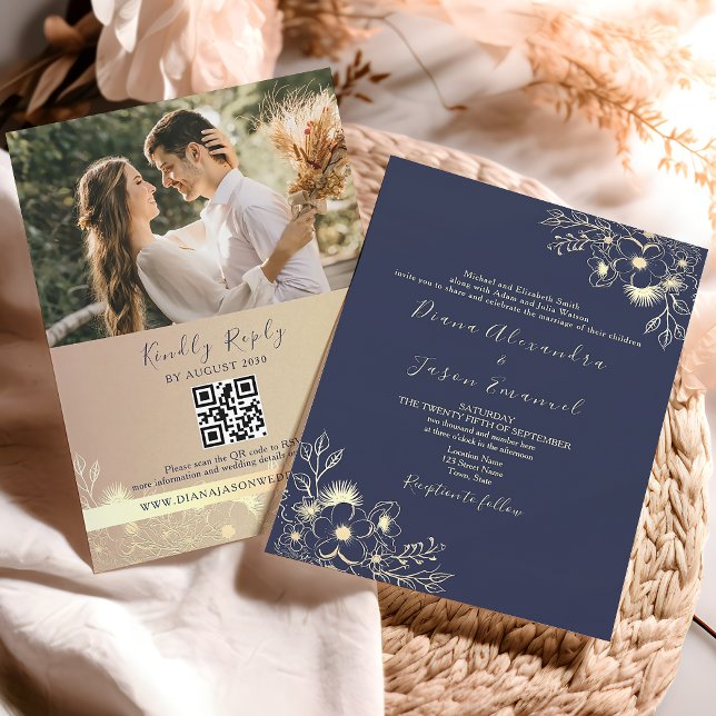 Convites Casamento Floral em Azul Naval Elegante com Código (Criador carregado)