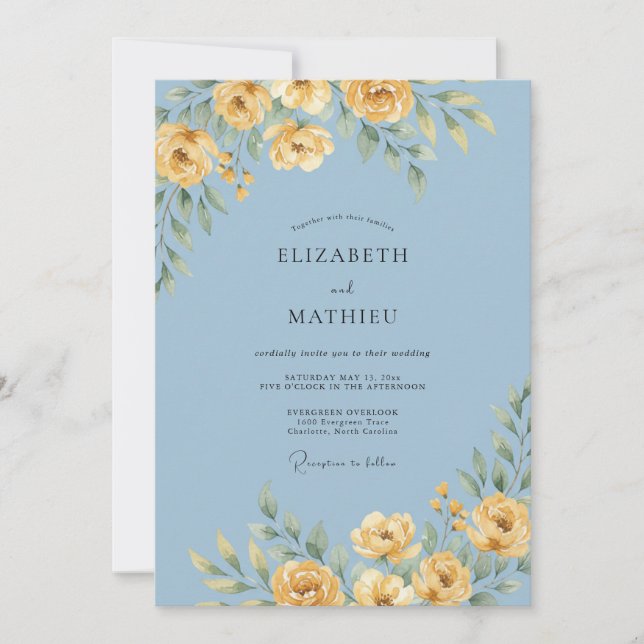 Convites Casamento Floral em Azul Pó (Frente)