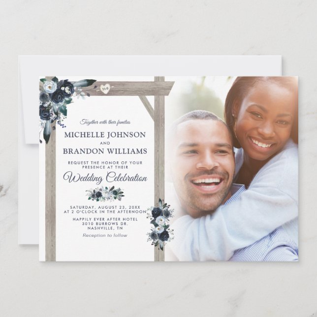Convites Casamento Floral em Azul Poeira e Azul Marinho Rús (Frente)