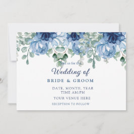 Convites Casamento Floral em Azul Poeirento Elegante com Eu