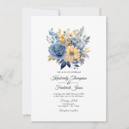 Convites Casamento Floral em Azul Poento e Dourado