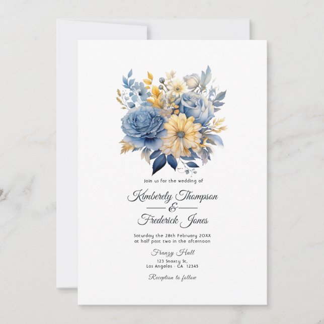 Convites Casamento Floral em Azul Poento e Dourado (Frente)