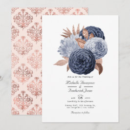 Convites Casamento Floral em Azul Poento e Dourado Rosa