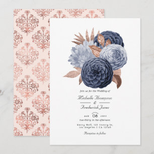 Convites Casamento Floral em Azul Poento e Dourado Rosa