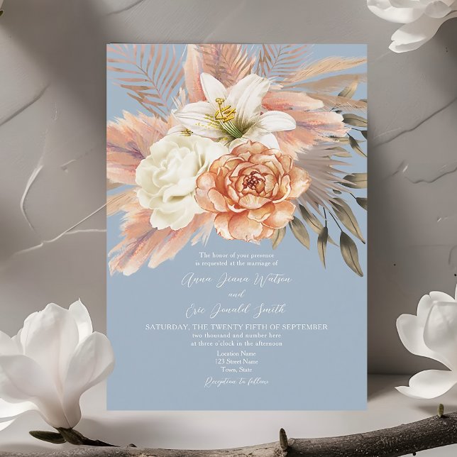 Convites Casamento Floral em Azul Poento e Pêssego (Criador carregado)