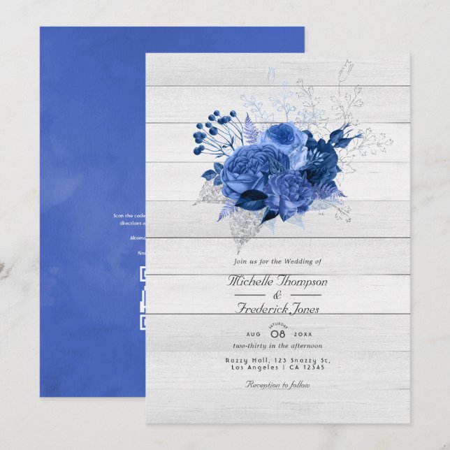 Convites Casamento Floral em Azul Real e Prata com Código Q (Frente/Verso)
