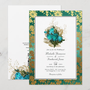 Convites Casamento Floral em Azul Turquesa Vintage - Turque