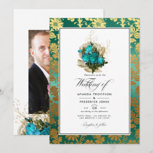 Convites Casamento Floral em Azul Turquesa Vintage - Turque