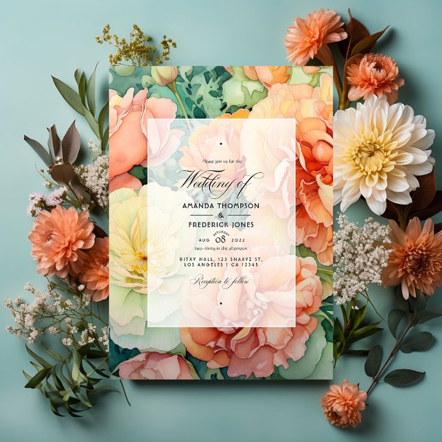 Convites Casamento Floral em Bege, Creme e Verde Marinho (Criador carregado)