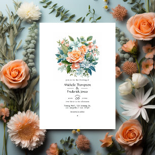 Convites Casamento Floral em Bege, Salvia e Azul Claro