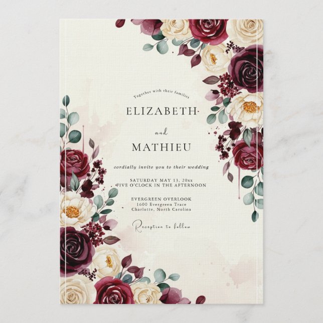 Convites Casamento Floral em Borgonha (Frente)