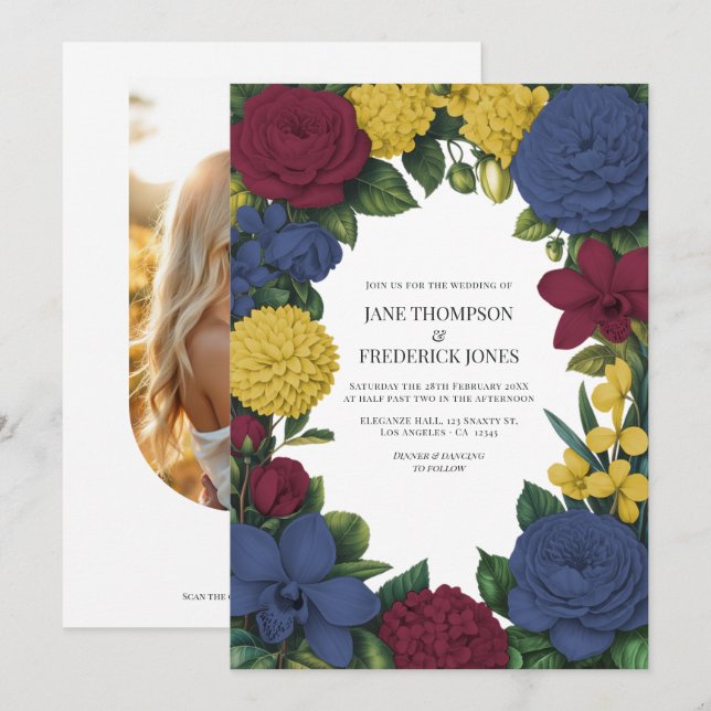 Convites Casamento Floral em Borgonha, Azul Marinho e Doura (Frente/Verso)