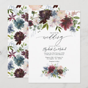 Convites Casamento Floral em Borgonha, Bege e Azul Desbotad