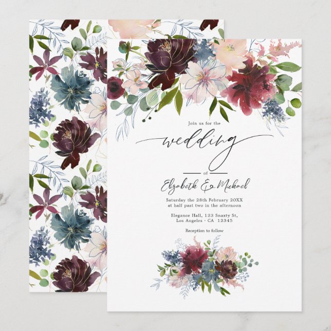 Convites Casamento Floral em Borgonha, Bege e Azul Desbotad (Frente/Verso)