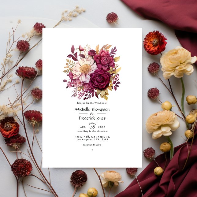 Convites Casamento Floral em Borgonha e Dourado (Criador carregado)