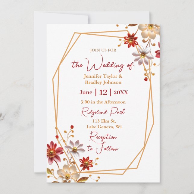 Convites Casamento Floral em Borgonha e Dourado (Frente)