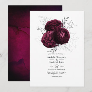 Convites Casamento Floral em Borgonha e Prata