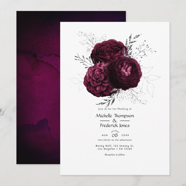 Convites Casamento Floral em Borgonha e Prata (Frente/Verso)
