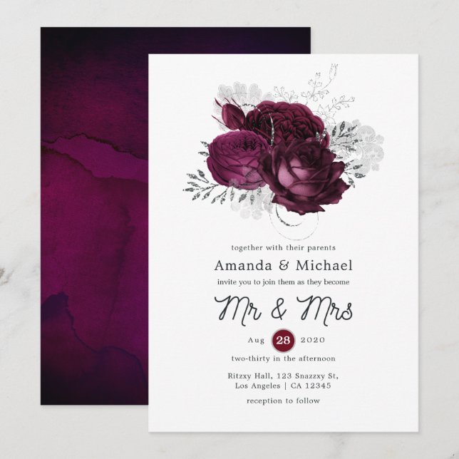 Convites Casamento Floral em Borgonha e Prata (Frente/Verso)