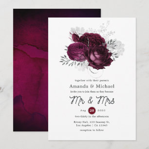 Convites Casamento Floral em Borgonha e Prata
