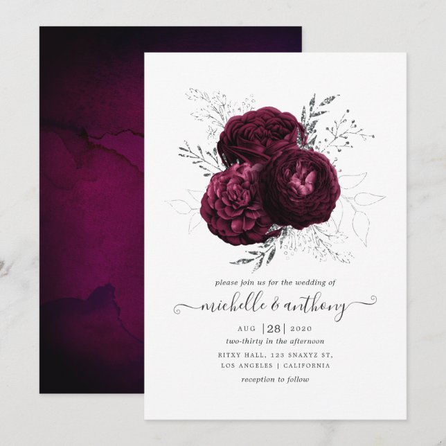 Convites Casamento Floral em Borgonha e Prata (Frente/Verso)
