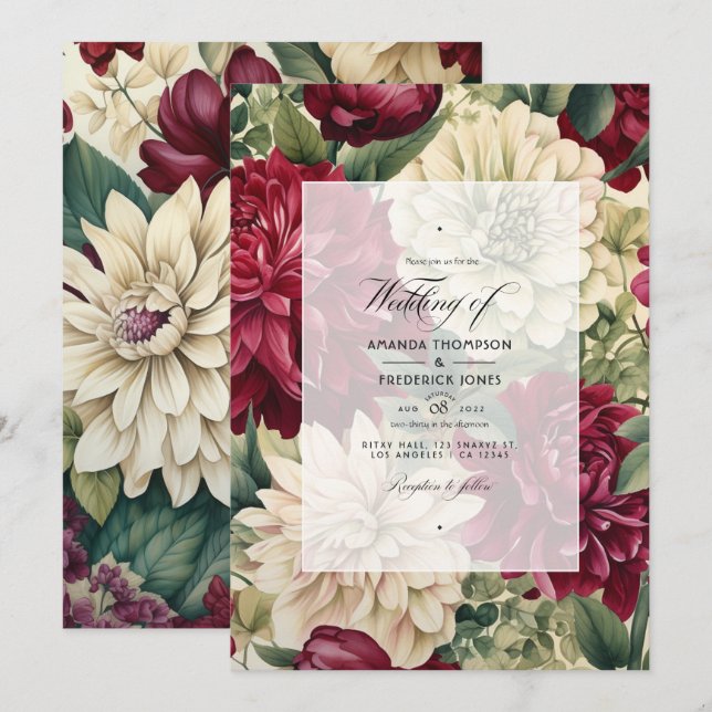 Convites Casamento Floral em Borgonha, Marfim e Verde Flore (Frente/Verso)