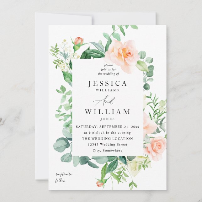Convites Casamento Floral em Branco e Pêssego 2b (Frente)