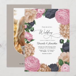 Convites Casamento Floral em Carvão, Taupe Claro e Rosa Peô