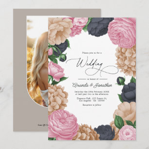 Convites Casamento Floral em Carvão, Taupe Claro e Rosa Peô