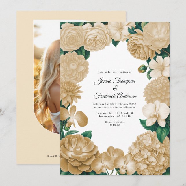 Convites Casamento Floral em Champanhe com Foto e Código QR (Frente/Verso)