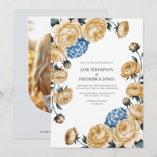 Convites Casamento Floral em Champanhe Elegante e Azul Desb