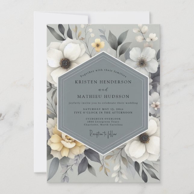 Convites Casamento Floral em Cinza Ardósia (Frente)